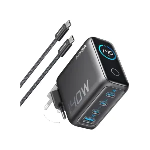 140W GaN zidni brzi punjač, 4-porta (3x USB-C, 1x USB-A) sa USB-C M/M pletenim kablom, tamno sivi 