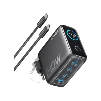 Punjači i adapteri - 140W GaN zidni brzi punjač, 4-porta (3x USB-C, 1x USB-A) sa USB-C M/M pletenim kablom, tamno sivi 