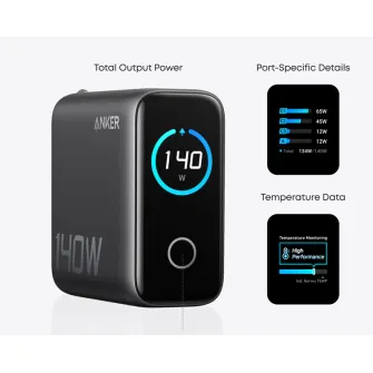 Punjači i adapteri - 140W GaN zidni brzi punjač, 4-porta (3x USB-C, 1x USB-A) sa USB-C M/M pletenim kablom, tamno sivi 