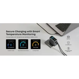Punjači i adapteri - 140W GaN zidni brzi punjač, 4-porta (3x USB-C, 1x USB-A) sa USB-C M/M pletenim kablom, tamno sivi 
