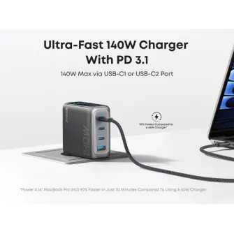 Punjači i adapteri - 140W GaN zidni brzi punjač, 4-porta (3x USB-C, 1x USB-A) sa USB-C M/M pletenim kablom, tamno sivi 