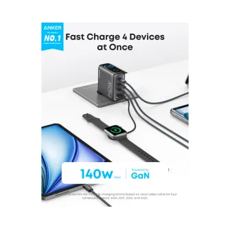 Punjači i adapteri - 140W GaN zidni brzi punjač, 4-porta (3x USB-C, 1x USB-A) sa USB-C M/M pletenim kablom, tamno sivi 