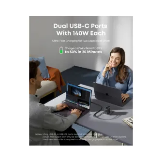 Punjači i adapteri - 140W GaN zidni brzi punjač, 4-porta (3x USB-C, 1x USB-A) sa USB-C M/M pletenim kablom, tamno sivi 