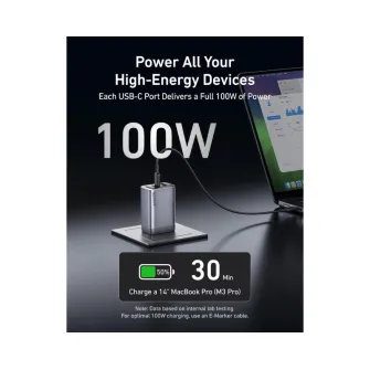Punjači i adapteri - Prime 100W GaN zidni brzi punjač, 3-porta (2x USB-C i 1x USB-A) srebrni 