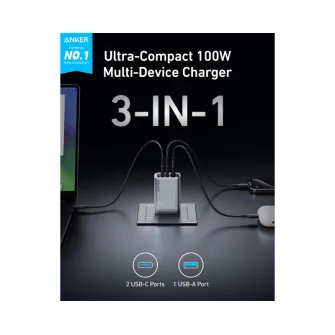 Punjači i adapteri - Prime 100W GaN zidni brzi punjač, 3-porta (2x USB-C i 1x USB-A) srebrni 