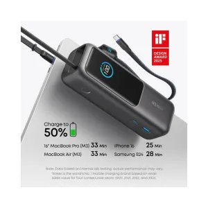 25000mAh, 165W, sa ugrađenim USB-C kablom na izvlačenje, Power Bank za laptop crni 