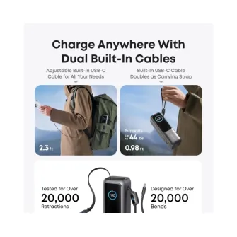Power bank - 25000mAh, 165W, sa ugrađenim USB-C kablom na izvlačenje, Power Bank za laptop crni 
