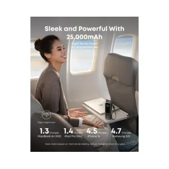 Power bank - 25000mAh, 165W, sa ugrađenim USB-C kablom na izvlačenje, Power Bank za laptop crni 