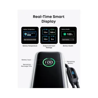 Power bank - 25000mAh, 165W, sa ugrađenim USB-C kablom na izvlačenje, Power Bank za laptop crni 