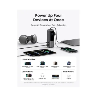 Power bank - 25000mAh, 165W, sa ugrađenim USB-C kablom na izvlačenje, Power Bank za laptop crni 