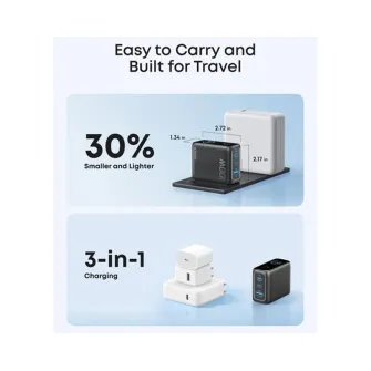 Punjači i adapteri - 100W GaN zidni brzi punjač, 3-porta (2x USB-C i 1x USB-A) sa USB-C M/M pletenim kablom, tamno sivi 