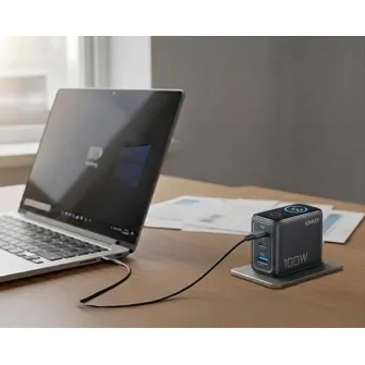 Punjači i adapteri - 100W GaN zidni brzi punjač, 3-porta (2x USB-C i 1x USB-A) sa USB-C M/M pletenim kablom, tamno sivi 