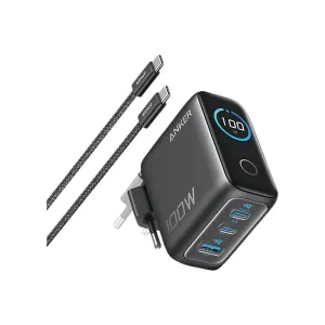 100W GaN zidni brzi punjač, 3-porta (2x USB-C i 1x USB-A) sa USB-C M/M pletenim kablom, tamno sivi 