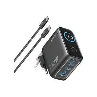 Punjači i adapteri - 100W GaN zidni brzi punjač, 3-porta (2x USB-C i 1x USB-A) sa USB-C M/M pletenim kablom, tamno sivi 