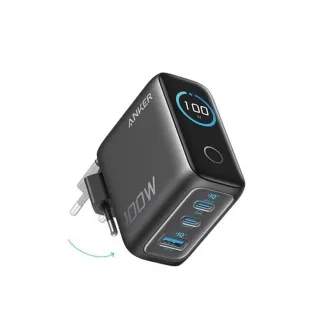 Punjači i adapteri - 100W GaN zidni brzi punjač, 3-porta (2x USB-C i 1x USB-A) sa USB-C M/M pletenim kablom, tamno sivi 