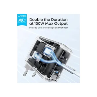 Punjači i adapteri - 100W GaN zidni brzi punjač, 3-porta (2x USB-C i 1x USB-A) sa USB-C M/M pletenim kablom, tamno sivi 