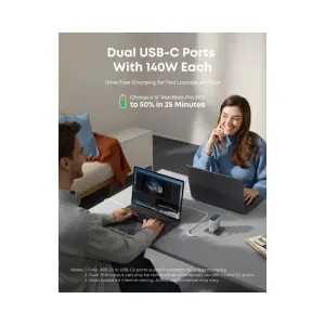 140W GaN zidni brzi punjač, 4-porta (3x USB-C i 1x USB-A) sa USB-C M/M pletenim kablom, srebrni 