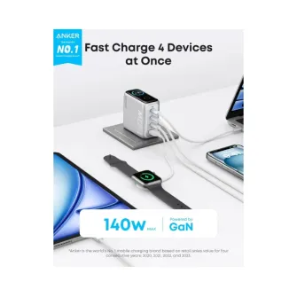 Punjači i adapteri - 140W GaN zidni brzi punjač, 4-porta (3x USB-C i 1x USB-A) sa USB-C M/M pletenim kablom, srebrni 
