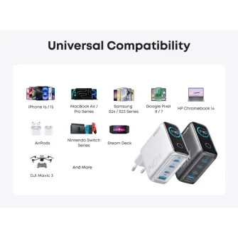 Punjači i adapteri - 140W GaN zidni brzi punjač, 4-porta (3x USB-C i 1x USB-A) sa USB-C M/M pletenim kablom, srebrni 