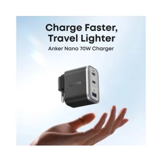 Punjači i adapteri - Nano 70W GaN zidni brzi punjač, 3-porta (2x USB-C i 1x USB-A) crni 