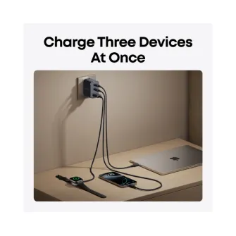 Punjači i adapteri - Nano 70W GaN zidni brzi punjač, 3-porta (2x USB-C i 1x USB-A) crni 