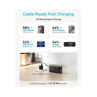Power bank - 20000mAh, 87W, sa ugrađenim USB-C kablom na izvlačenje, Power Bank crni 