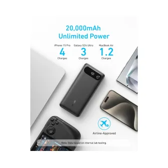 Power bank - 20000mAh, 87W, sa ugrađenim USB-C kablom na izvlačenje, Power Bank crni 