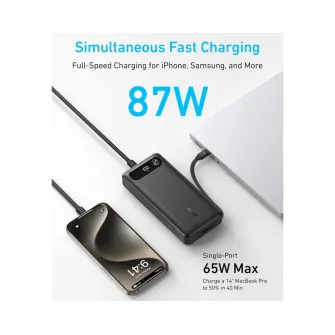 Power bank - 20000mAh, 87W, sa ugrađenim USB-C kablom na izvlačenje, Power Bank crni 