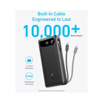 Power bank - 20000mAh, 87W, sa ugrađenim USB-C kablom na izvlačenje, Power Bank crni 