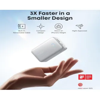 Power bank - Nano 10000mAh, 45W, sa ugrađenim USB-C kablom na izvlačenje, Power Bank beli 