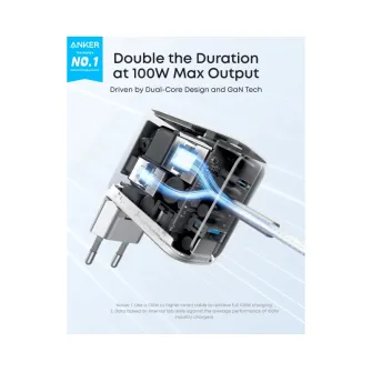 Punjači i adapteri - 100W GaN zidni brzi punjač, 3-porta (2x USB-C i 1x USB-A) sa USB-C M/M pletenim kablom, srebrni 