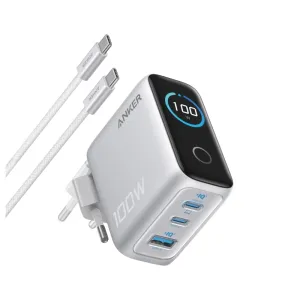 100W GaN zidni brzi punjač, 3-porta (2x USB-C i 1x USB-A) sa USB-C M/M pletenim kablom, srebrni 