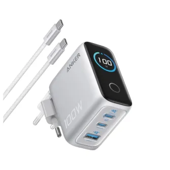 Punjači i adapteri - 100W GaN zidni brzi punjač, 3-porta (2x USB-C i 1x USB-A) sa USB-C M/M pletenim kablom, srebrni 