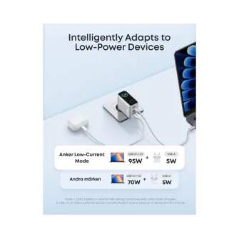 Punjači i adapteri - 100W GaN zidni brzi punjač, 3-porta (2x USB-C i 1x USB-A) sa USB-C M/M pletenim kablom, srebrni 