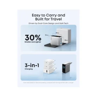 Punjači i adapteri - 100W GaN zidni brzi punjač, 3-porta (2x USB-C i 1x USB-A) sa USB-C M/M pletenim kablom, srebrni 